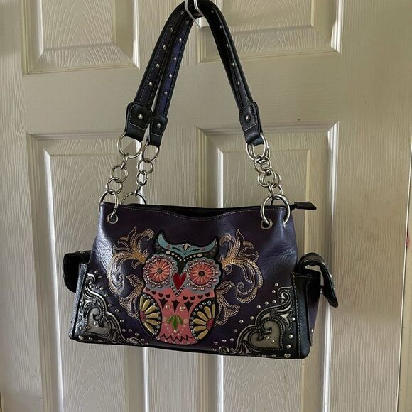 Purple and multi color Owl art and embroidery work  shoulder bag. - Picture 1 of 14
